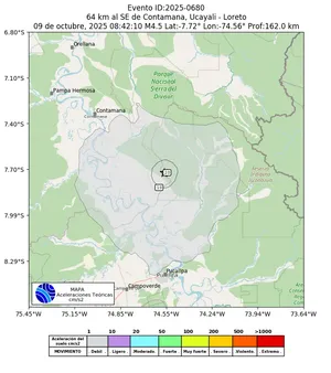 Mapa de aceleración teórica del sismo de magnitud 4.5 a 64 km al SE de Contamana, Ucayali - Loreto, Perú