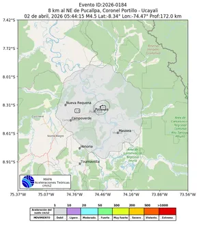 Mapa de aceleración teórica del sismo de magnitud 4.5 a 8 km al NE de Pucallpa, Coronel Portillo - Ucayali, Perú
