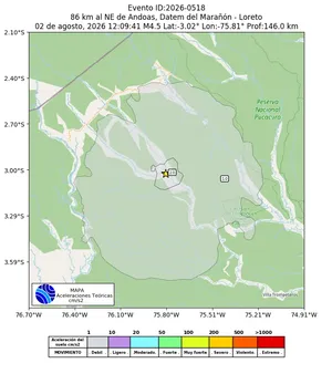 Mapa de aceleración teórica del sismo de magnitud 4.5 a 86 km al NE de Andoas, Datem del Marañón - Loreto, Perú