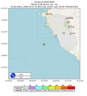 Mapa de aceleración teórica del sismo de magnitud 4.5 a 89 km al SO de Ica, Ica - Ica, Perú