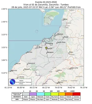 Mapa de aceleración teórica del sismo de magnitud 4.5 a 9 km al SE de Zarumilla, Zarumilla - Tumbes, Perú