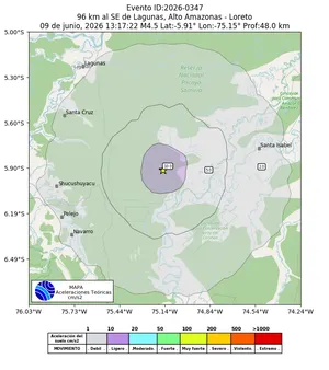 Mapa de aceleración teórica del sismo de magnitud 4.5 a 96 km al SE de Lagunas, Alto Amazonas - Loreto, Perú