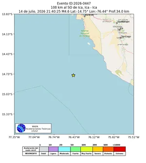 Mapa de aceleración teórica del sismo de magnitud 4.6 a 108 km al SO de Ica, Ica - Ica, Perú