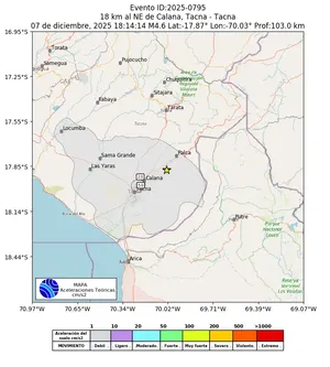Mapa de aceleración teórica del sismo de magnitud 4.6 a 18 km al NE de Calana, Tacna - Tacna, Perú