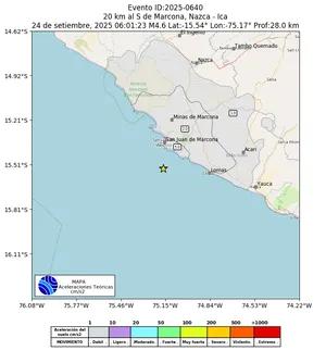 Mapa de aceleración teórica del sismo de magnitud 4.6 a 20 km al S de Marcona, Nazca - Ica, Perú