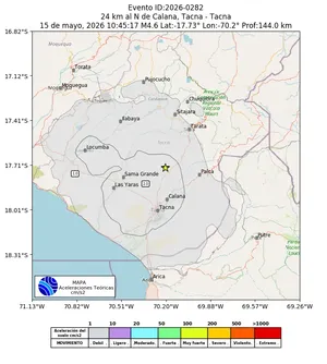 Mapa de aceleración teórica del sismo de magnitud 4.6 a 24 km al N de Calana, Tacna - Tacna, Perú
