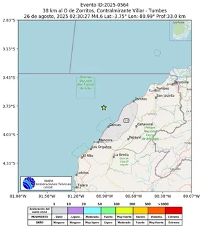 Mapa de aceleración teórica del sismo de magnitud 4.6 a 38 km al O de Zorritos, Contralmirante Villar - Tumbes, Perú