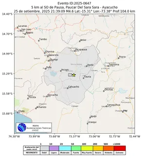 Mapa de aceleración teórica del sismo de magnitud 4.6 a 5 km al SO de Pausa, Paucar Del Sara Sara - Ayacucho, Perú