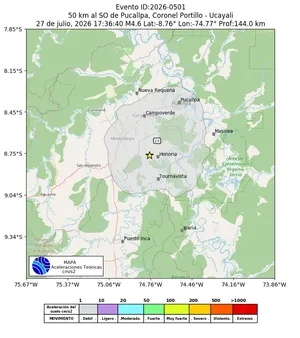 Mapa de aceleración teórica del sismo de magnitud 4.6 a 50 km al SO de Pucallpa, Coronel Portillo - Ucayali, Perú