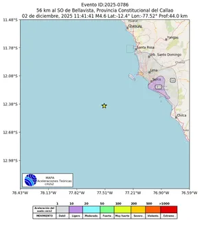 Mapa de aceleración teórica del sismo de magnitud 4.6 a 56 km al SO de Bellavista, Provincia Constitucional del Callao, Perú