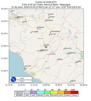Mapa de aceleración teórica del sismo de magnitud 4.6 a 6 km al SE de Torata, Mariscal Nieto - Moquegua, Perú