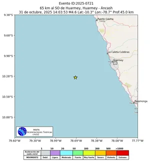Mapa de aceleración teórica del sismo de magnitud 4.6 a 65 km al SO de Huarmey, Huarmey - Áncash, Perú