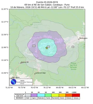 Mapa de aceleración teórica del sismo de magnitud 4.6 a 69 km al NE de San Gabán, Carabaya - Puno, Perú