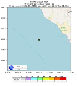 Mapa de aceleración teórica del sismo de magnitud 4.6 a 78 km al O de San Juan, Nasca - Ica, Perú