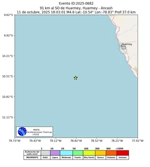 Mapa de aceleración teórica del sismo de magnitud 4.6 a 91 km al SO de Huarmey, Huarmey - Áncash, Perú