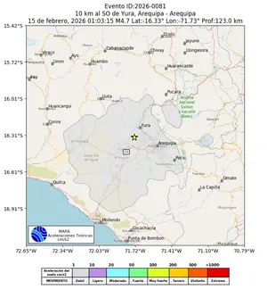 Mapa de aceleración teórica del sismo de magnitud 4.7 a 10 km al SO de Yura, Arequipa - Arequipa, Perú