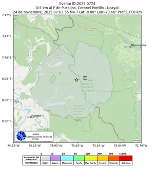 Mapa de aceleración teórica del sismo de magnitud 4.7 a 101 km al E de Pucallpa, Coronel Portillo - Ucayali, Perú