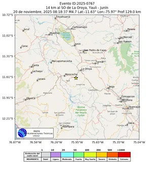 Mapa de aceleración teórica del sismo de magnitud 4.7 a 14 km al SO de La Oroya, Yauli - Junín, Perú