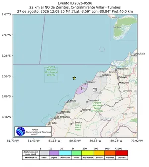 Mapa de aceleración teórica del sismo de magnitud 4.7 a 22 km al NO de Zorritos, Contralmirante Villar - Tumbes, Perú