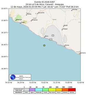 Mapa de aceleración teórica del sismo de magnitud 4.7 a 24 km al S de Atico, Caravelí - Arequipa, Perú