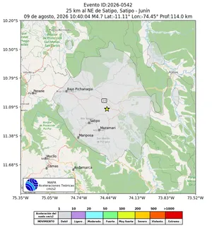 Mapa de aceleración teórica del sismo de magnitud 4.7 a 25 km al NE de Satipo, Satipo - Junín, Perú