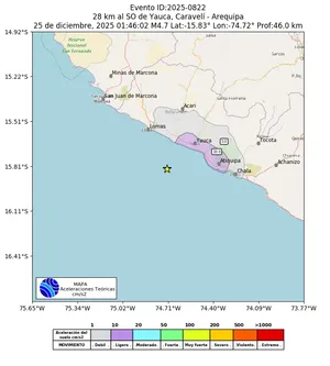Mapa de aceleración teórica del sismo de magnitud 4.7 a 28 km al SO de Yauca, Caravelí - Arequipa, Perú
