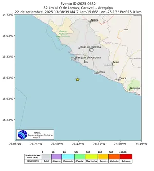 Mapa de aceleración teórica del sismo de magnitud 4.7 a 32 km al O de Lomas, Caraveli - Arequipa, Perú