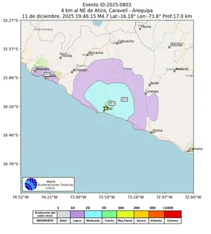Mapa de aceleración teórica del sismo de magnitud 4.7 a 4 km al NE de Atico, Caravelí - Arequipa, Perú