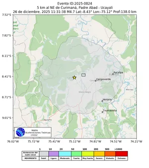 Mapa de aceleración teórica del sismo de magnitud 4.7 a 5 km al NE de Curimaná, Padre Abad - Ucayali, Perú