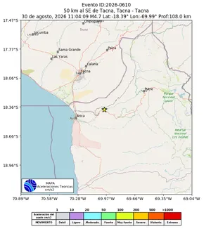 Mapa de aceleración teórica del sismo de magnitud 4.7 a 50 km al SE de Tacna, Tacna - Tacna, Perú