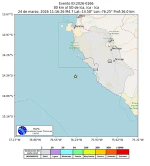 Mapa de aceleración teórica del sismo de magnitud 4.7 a 80 km al SO de Ica, Ica - Ica, Perú