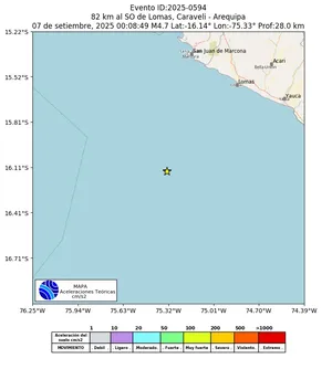 Mapa de aceleración teórica del sismo de magnitud 4.7 a 82 km al SO de Lomas, Caraveli - Arequipa, Perú