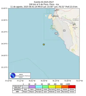 Mapa de aceleración teórica del sismo de magnitud 4.8 a 100 km al S de Pisco, Pisco - Ica, Perú