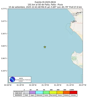 Mapa de aceleración teórica del sismo de magnitud 4.8 a 101 km al SO de Paita, Paita - Piura, Perú