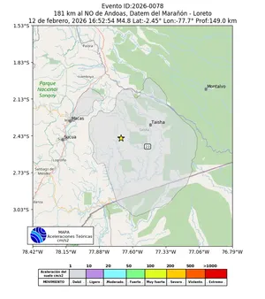Mapa de aceleración teórica del sismo de magnitud 4.8 a 181 km al NO de Andoas, Datem del Marañón - Loreto, Perú