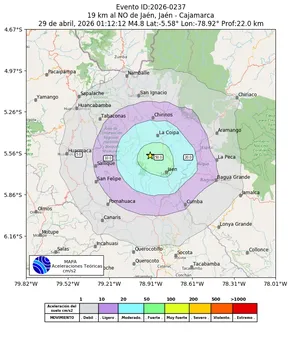 Mapa de aceleración teórica del sismo de magnitud 4.8 a 19 km al NO de Jaén, Jaén - Cajamarca, Perú