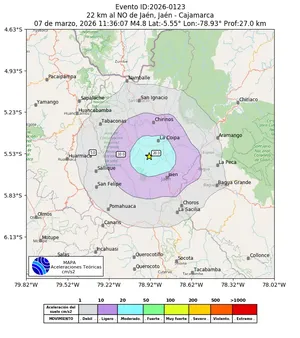 Mapa de aceleración teórica del sismo de magnitud 4.8 a 22 km al NO de Jaén, Jaén - Cajamarca, Perú