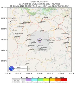 Mapa de aceleración teórica del sismo de magnitud 4.8 a 22 km al O de Chuquibambilla, Grau - Apurímac, Perú