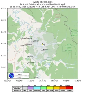 Mapa de aceleración teórica del sismo de magnitud 4.8 a 24 km al E de Pucallpa, Coronel Portillo - Ucayali, Perú