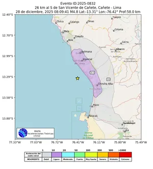Mapa de aceleración teórica del sismo de magnitud 4.8 a 26 km al S de San Vicente de Cañete, Cañete - Lima, Perú