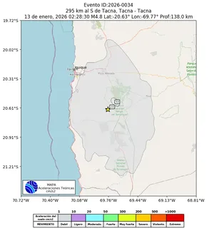 Mapa de aceleración teórica del sismo de magnitud 4.8 a 295 km al S de Tacna, Tacna - Tacna, Perú