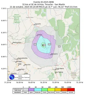 Mapa de aceleración teórica del sismo de magnitud 4.8 a 32 km al SE de Uchiza, Tocache - San Martín, Perú