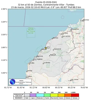 Mapa de aceleración teórica del sismo de magnitud 4.8 a 32 km al SO de Zorritos, Contralmirante Villar - Tumbes, Perú