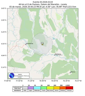 Mapa de aceleración teórica del sismo de magnitud 4.8 a 46 km al O de Pastaza, Datem del Marañón - Loreto, Perú