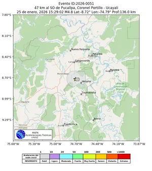 Mapa de aceleración teórica del sismo de magnitud 4.8 a 47 km al SO de Pucallpa, Coronel Portillo - Ucayali, Perú