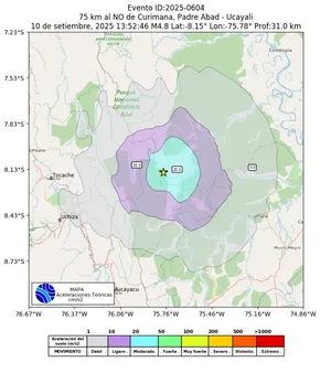 Mapa de aceleración teórica del sismo de magnitud 4.8 a 75 km al NO de Curimana, Padre Abad - Ucayali, Perú