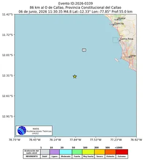 Mapa de aceleración teórica del sismo de magnitud 4.8 a 86 km al O de Callao, Provincia Constitucional del Callao, Perú