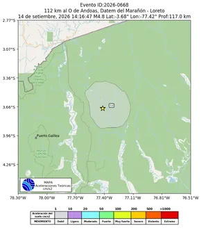 Mapa de aceleración teórica del sismo de magnitud 4.8 a 112 km al O de Andoas, Datem del Marañón - Loreto, Perú