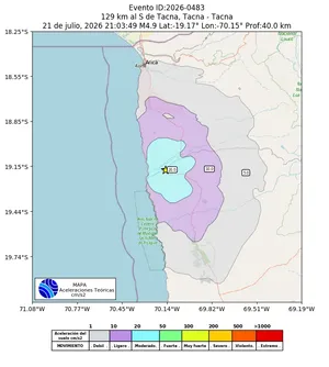 Mapa de aceleración teórica del sismo de magnitud 4.9 a 129 km al S de Tacna, Tacna - Tacna, Perú