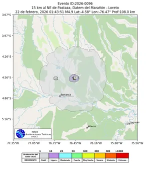 Mapa de aceleración teórica del sismo de magnitud 4.9 a 15 km al NE de Pastaza, Datem del Marañón - Loreto, Perú